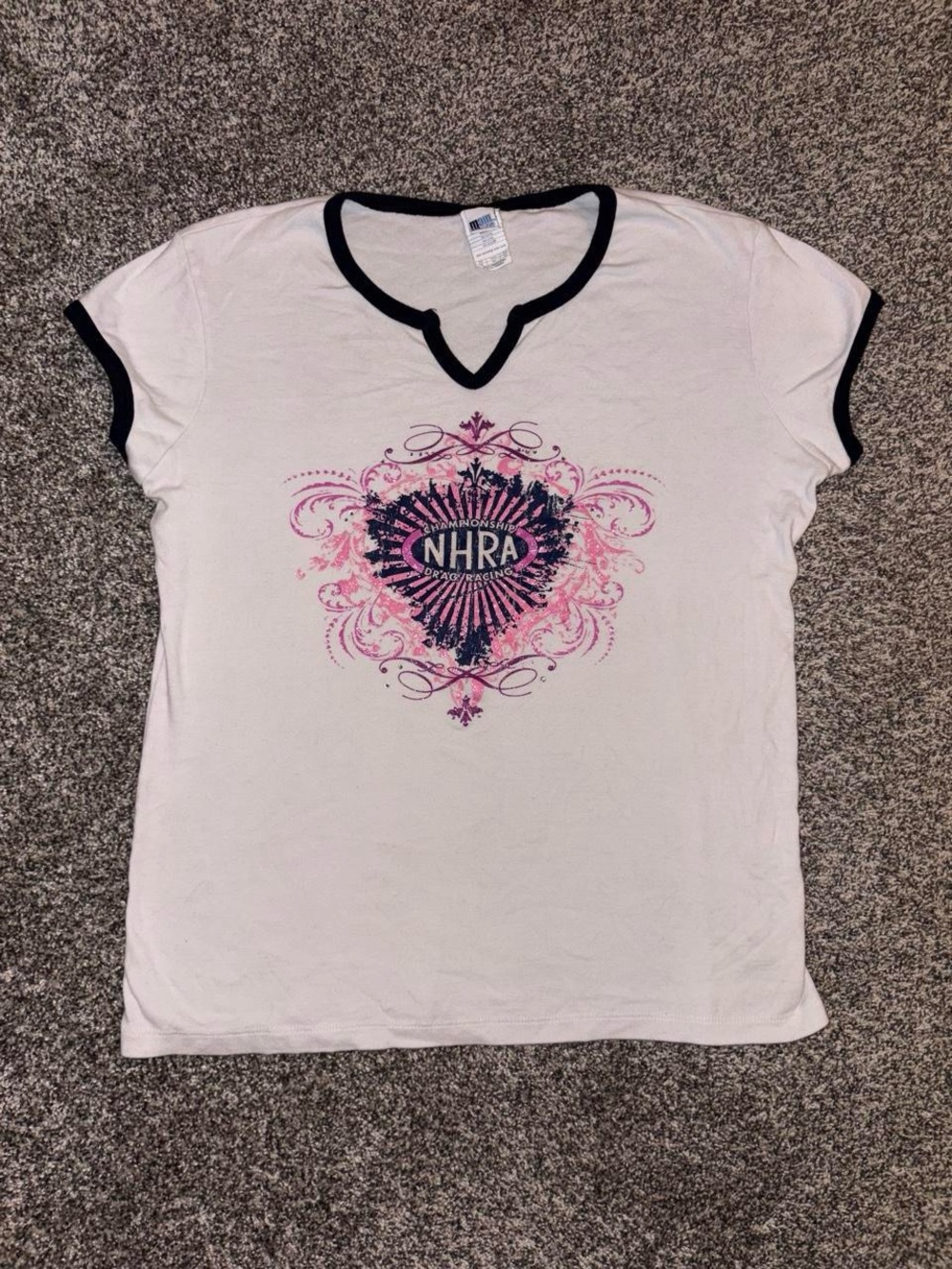 Y2K Drag Racing white & pink graphic v neck tee with grunge design and sequins